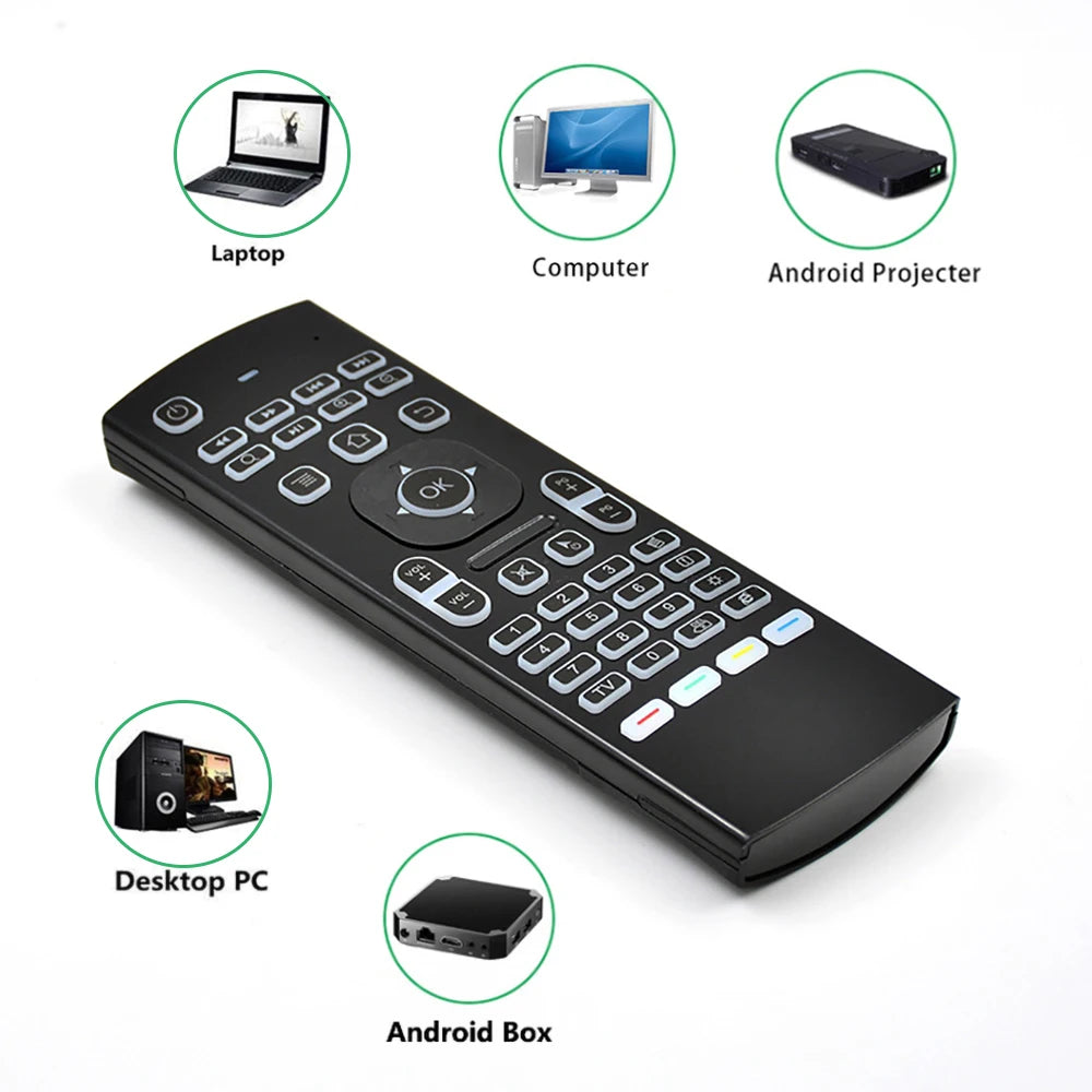 Mini klaviatūra ar gaisa peli (air mouse) MX3 ar žiroskopu un apgaismojumu.