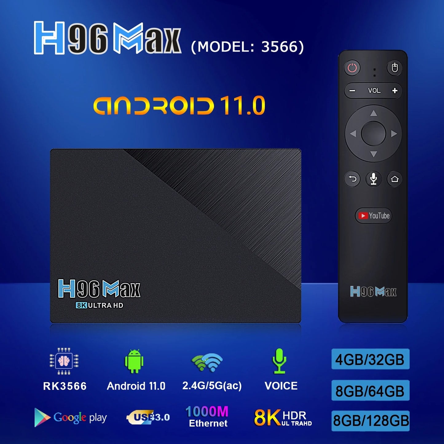 Android TV Box H96 Max 3566, 8 ГБ ОЗУ, 64 ГБ ПЗУ, процессор RK3566 (консоль Smart TV)