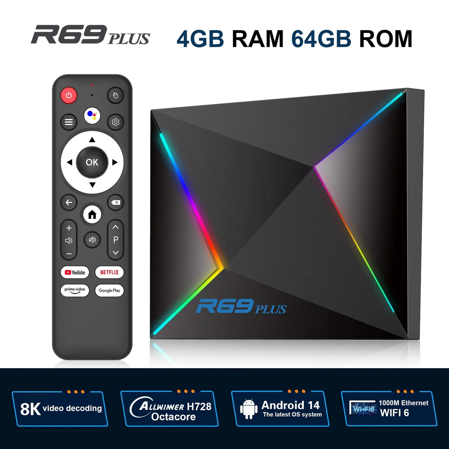 Android TV Box R69 Plus, 4 ГБ ОЗУ, 64 ГБ ПЗУ, Android TV (ATV), процессор Allwinner H728 (консоль Smart TV)