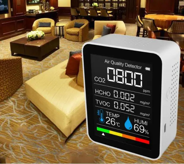 Детектор CO2, термометр, измеритель влажности воздуха и пылемер